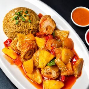 MENU SOPA WANTAN + POLLO ENRROLLADO CON PIÑA + CHAUFA / FU ZEN
